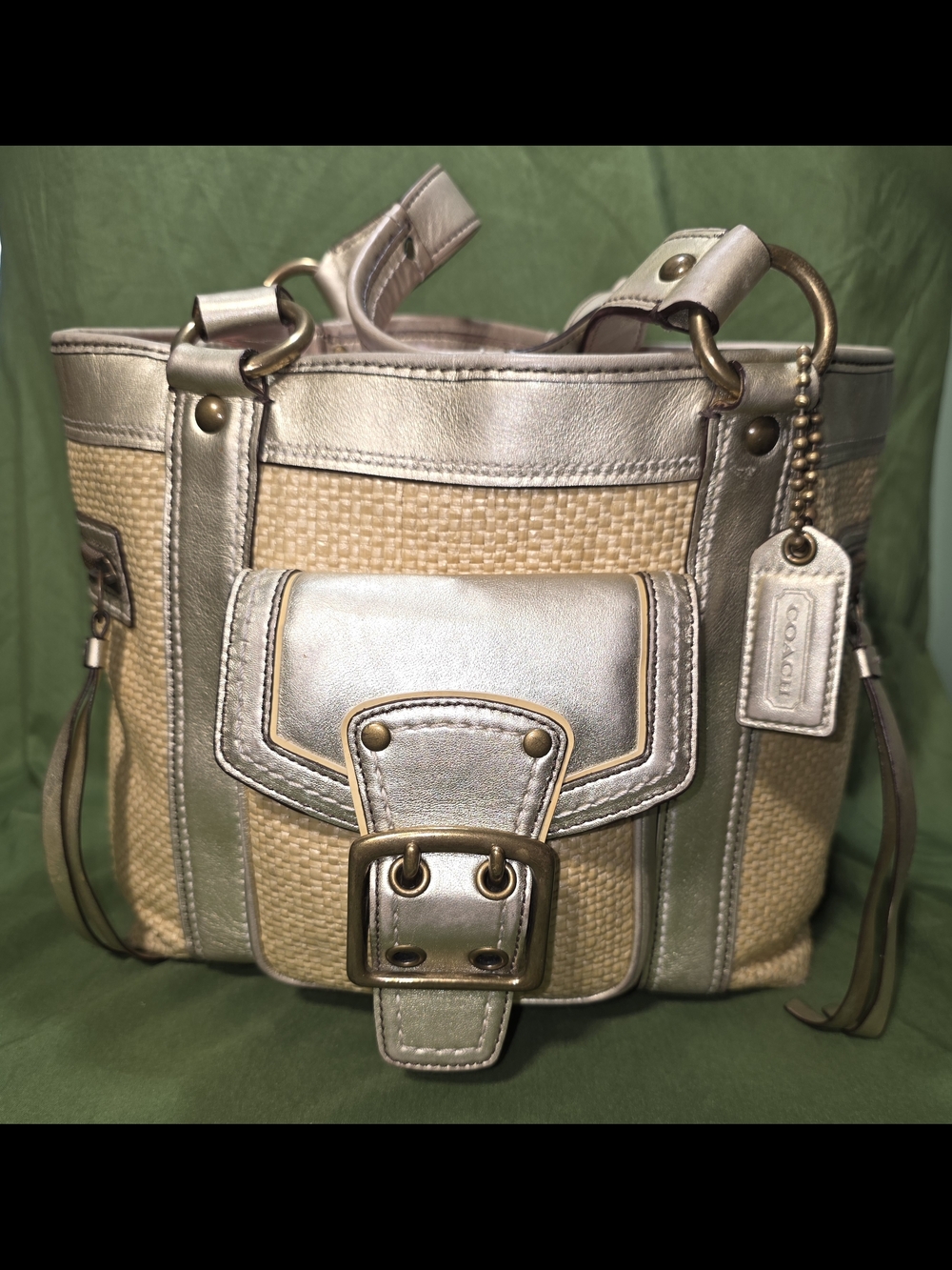 COACH Metallic Gold and Straw Tote Bag